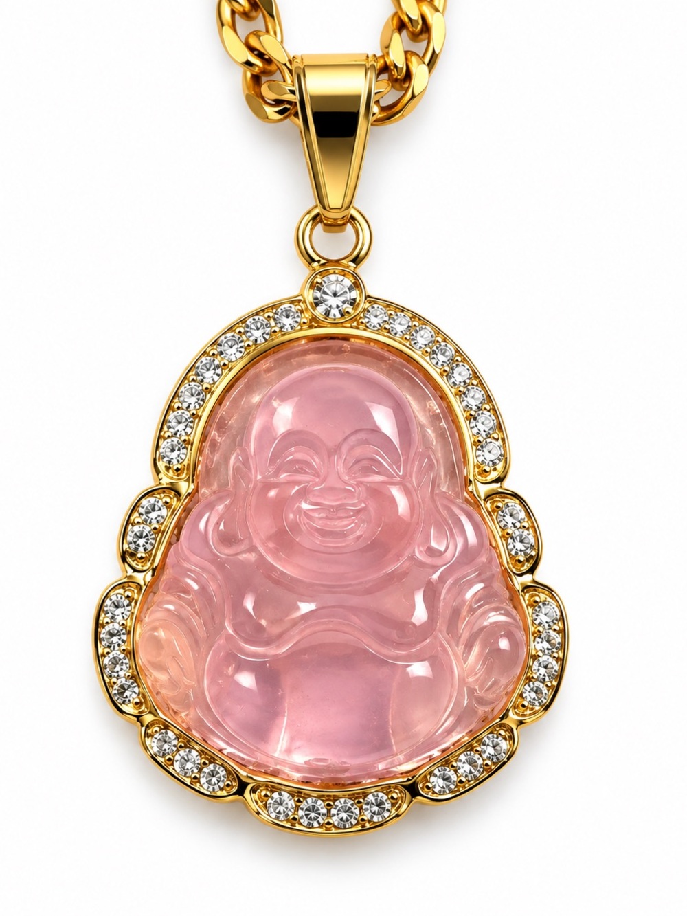Pink Laughing Buddha Necklace Gold Tone Rhinestone Pendant 17”